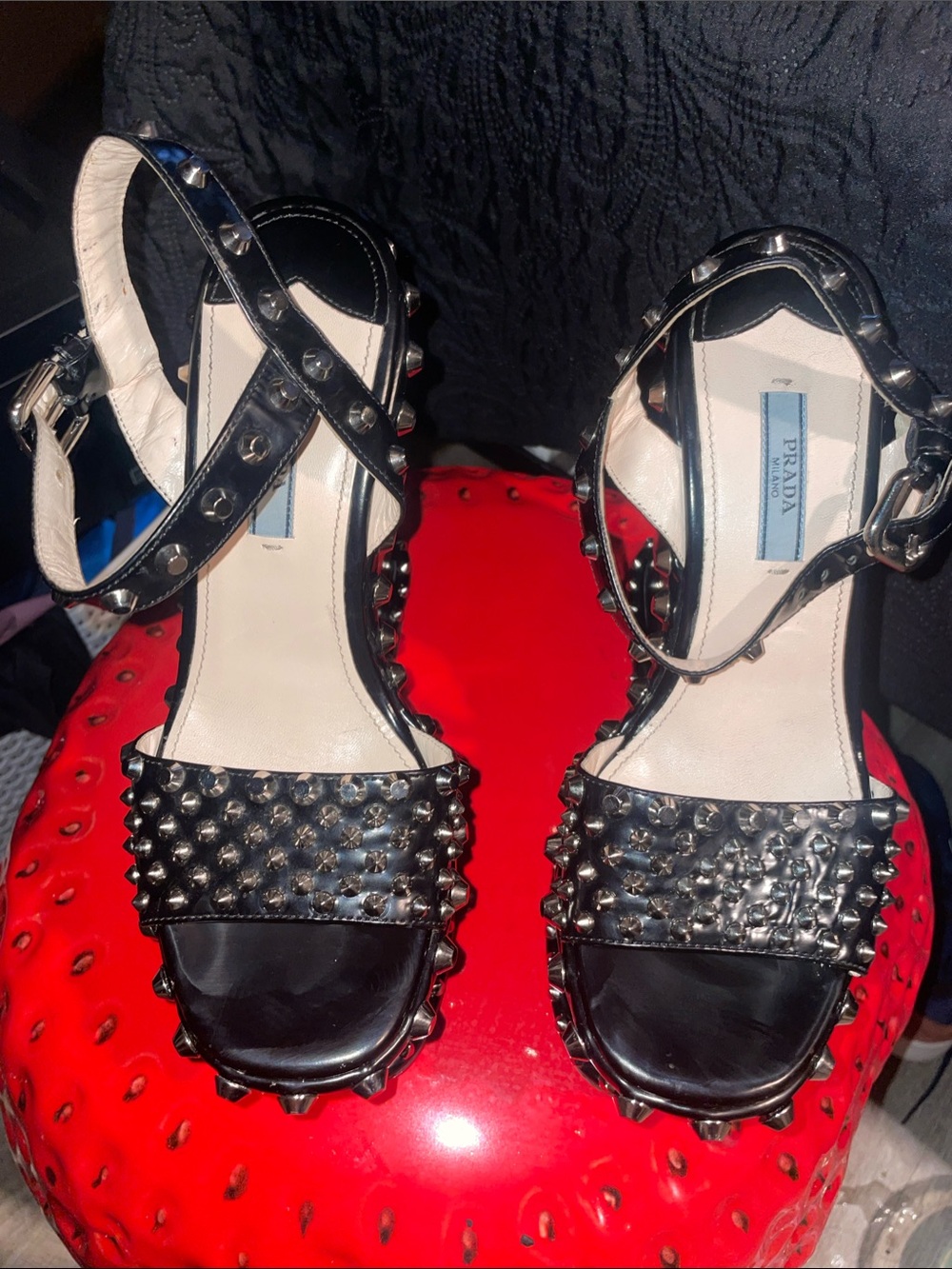 Prada Black Studded Leather Ankle-Strap Heels